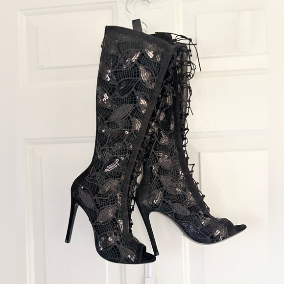 Schutz Black Sequin Embellished Open Toe Boots Size 7B - Picture 12 of 16